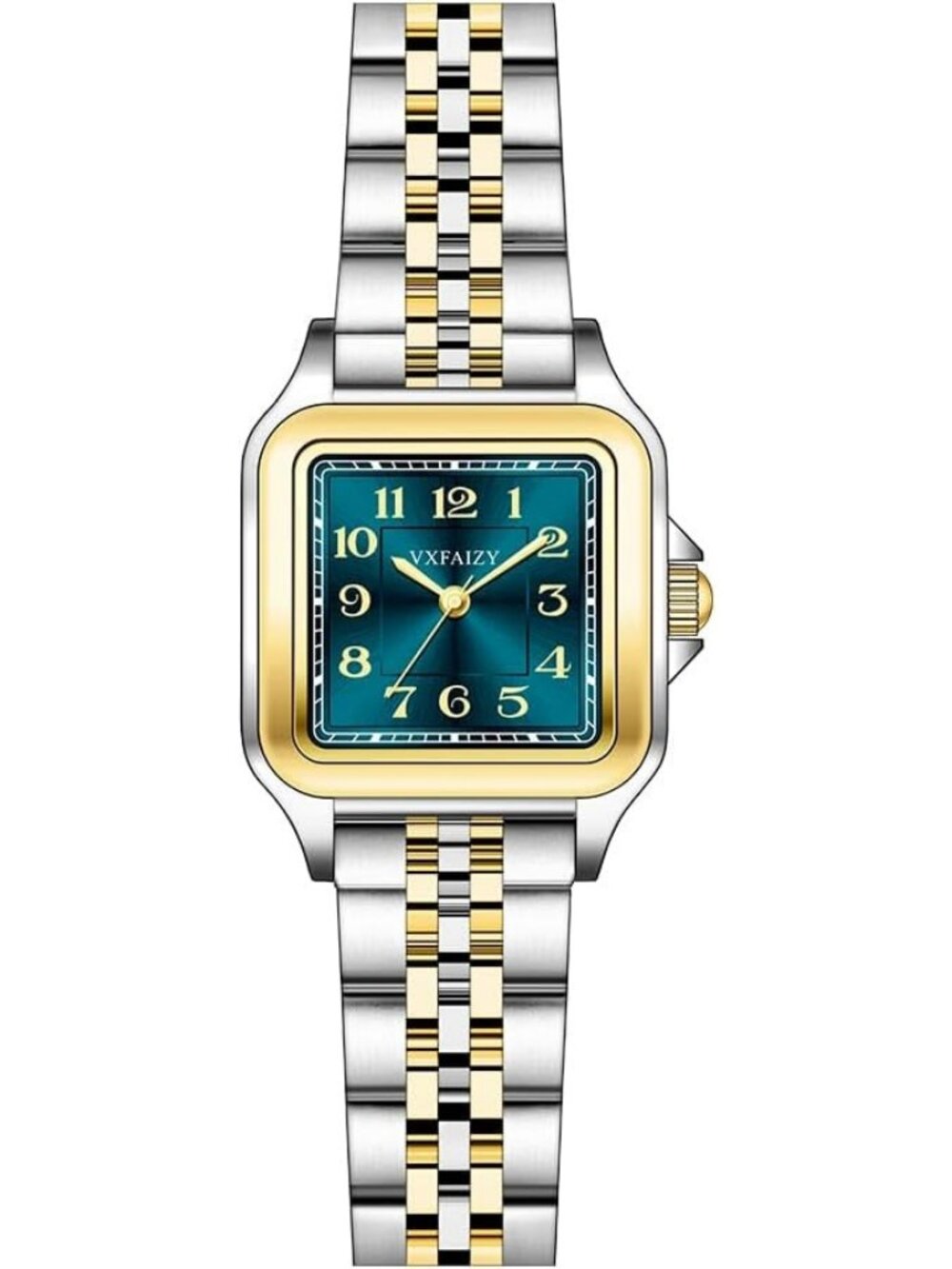 Women's Silver-Gold Green Solid Stainless Steel Band Dainty Square Wrist Watch